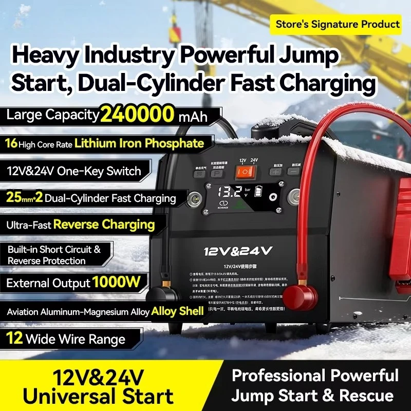 Dual-Voltage 12V/24V Car Jump Starter 2-in-1 Tire Inflator Emergency Battery Booster Lithium Iron Phosphate Battery
