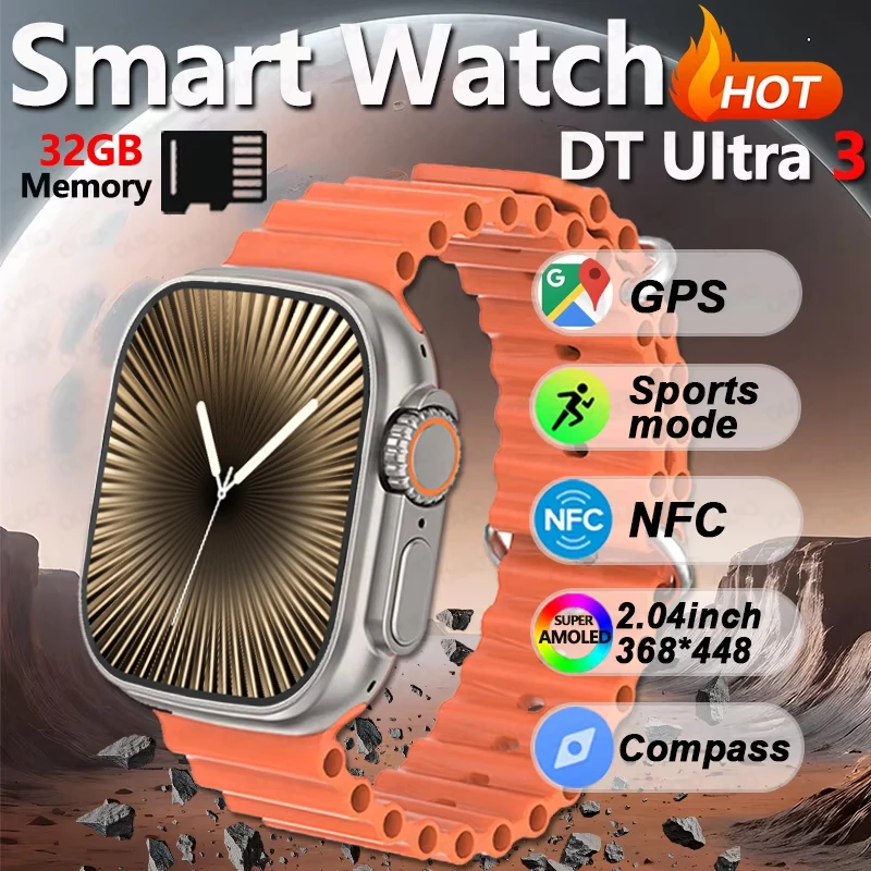 2025 جديد DT Ultra 3 ساعة ذكية 2.04 بوصة شاشة عالية الدقة 32 جيجابايت مشغل MP4 ChatGPT بوصلة بلوتوث دعوة الرجال الرياضة AI صوت ساعة ذكية