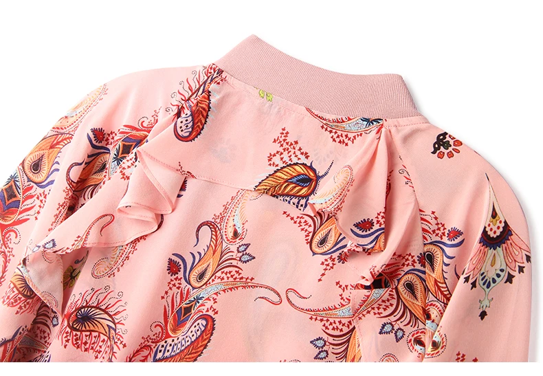 Chaqueta de seda con estampado Floral para mujer, abrigo informal de manga larga con cuello levantado, tejido ligero, nueva moda, 100%