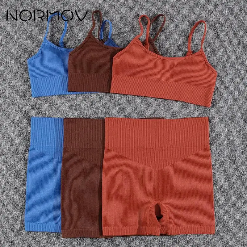 NORMOV Summer Ribbed Yoga Sets Seamless Fitness Suits 1/2 Pieces Gym Sets Solid Shorts Push Up Bra Sportwear Short Sets