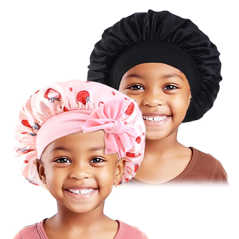 2PCS/LOT Kids Satin Bonnet Sleep Hat Bow Adjust Kids Girls Boys Night Sleep Cap Flower Printed Bonnet  Hair Beanie Shower Cap