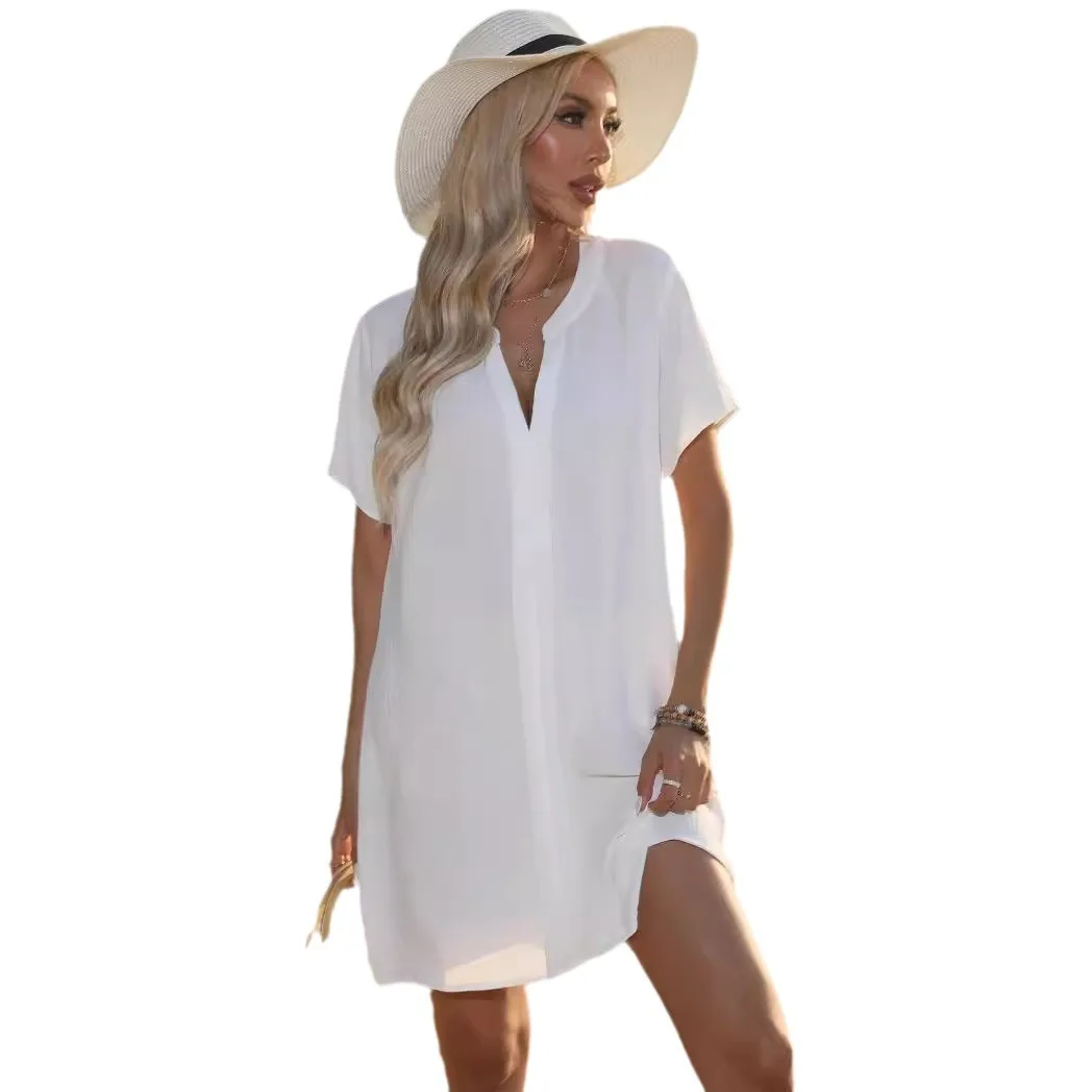 2025 Verano Casual Camisa con cuello en V Vestido Vestido de playa Ropa de mujer europea y americana