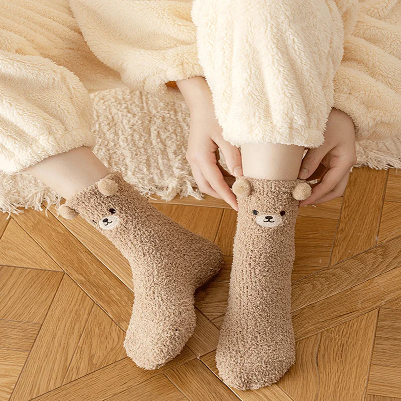 Winter Cute Bear Coral Velvet Socks for Women Warm Comfortable Fluffy Sleeping Sock Lovely Cartoon Floor Socks for Girls XKWZ12 view 6