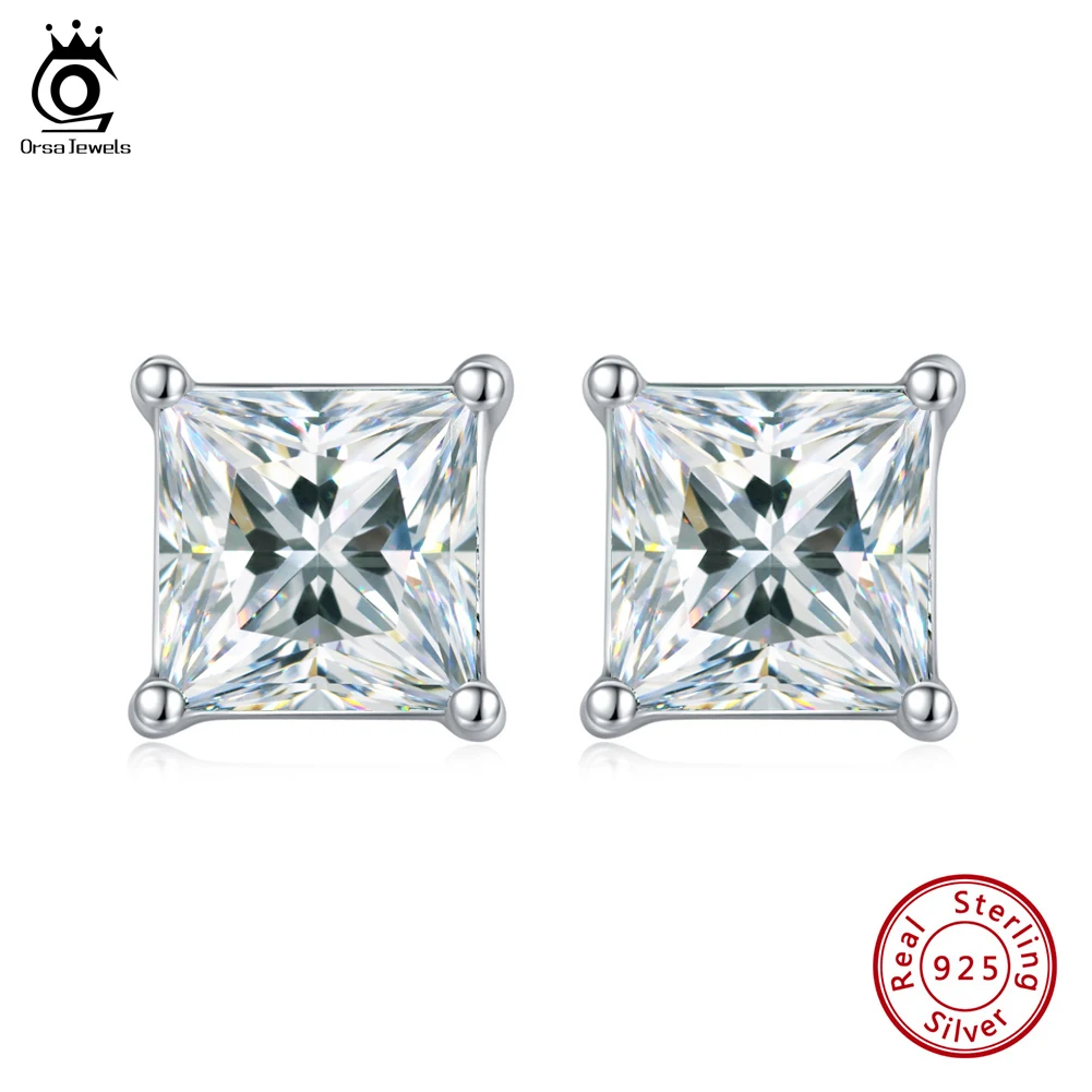 

ORSA JEWELS Square Shape Stud Earrings with 5A Clear CZ Ear Stud 925 Sterling Silver for Women Fashion Fine Jewelry APE60