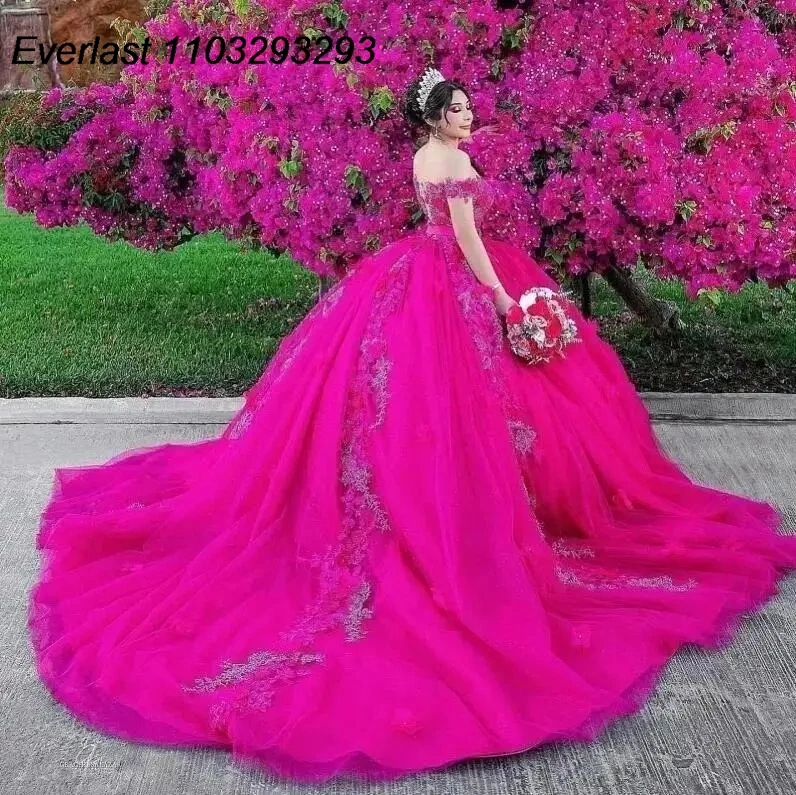 EVLAST Customized Fuchsia Quinceanera Dress Ball Gown Floral Applique Beaded Crystal Mexico Sweet 16 Vestido 15 De Años TQD252