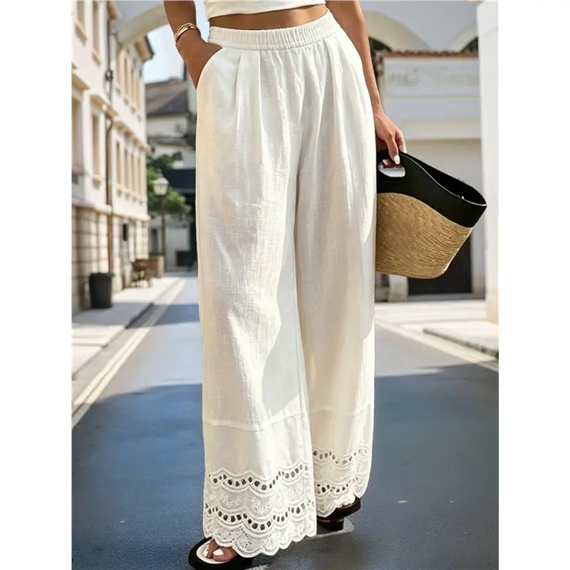 Women Solid Tone Delicate Scalloped Lace Hem Relaxed Flowy Wide Leg Daily Casual Long Pants White S Eco-Friendly