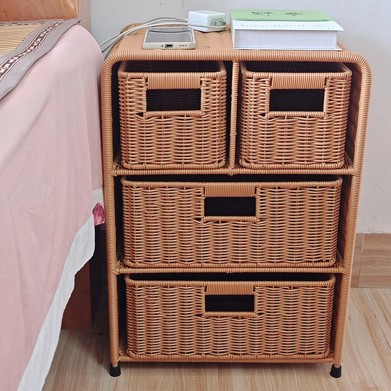 

Nordic 4-Drawer Nightstand Imitation Vine Weaving Bedside Table Bedroom Storage Cabinet Farmhouse Drawer Organizer 40x30x54cm