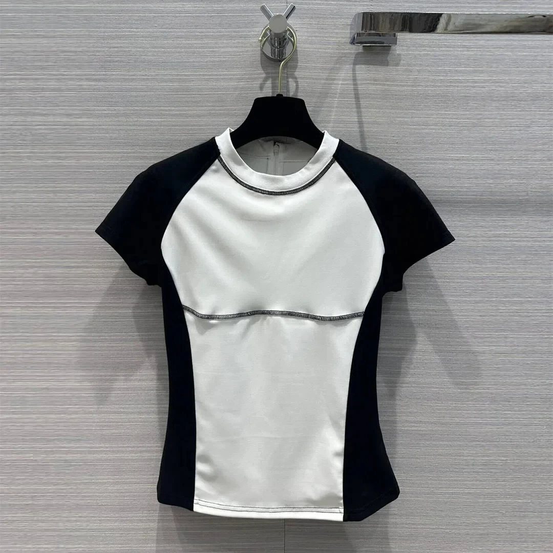 

2024 New Fashion Summer T-shirt Women O-neck Short Sleeve Contrast Color Patchwork Slim Fit Sweet Tops