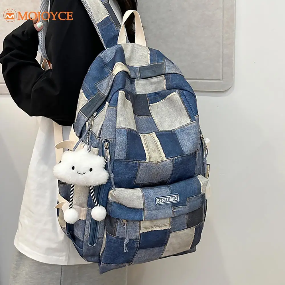 Denim Contrasting Color Students Backpacks Preppy Style College Schoolbags Large Capacity Patchwork School Bookbag Teen Rucksack