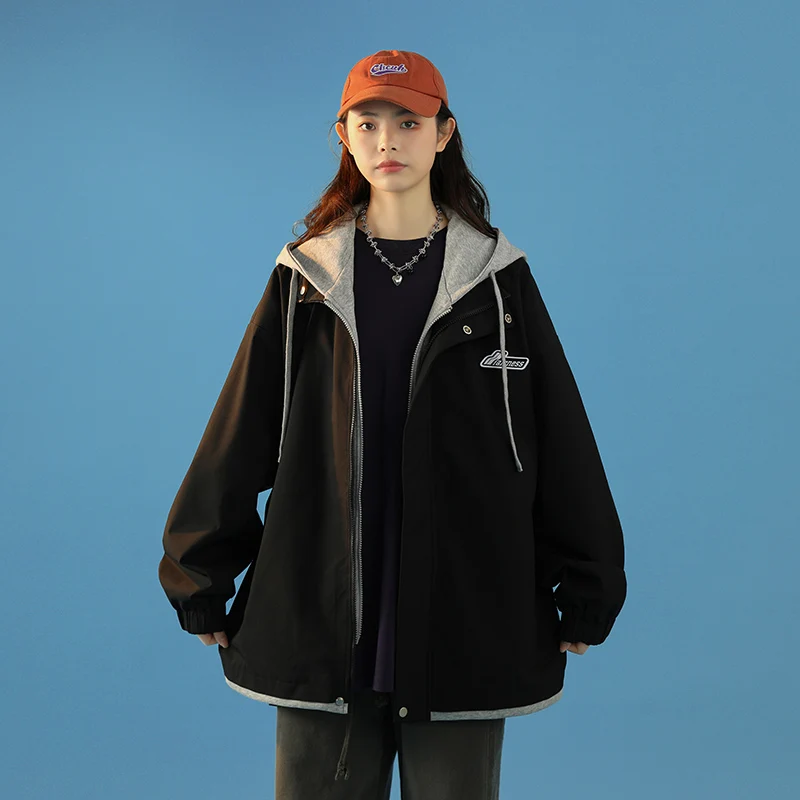 

Мужская куртка в американском стиле для весны и осени, дизайнерская, с эффектом двухслойности, модная, свободная, с капюшоном, для пар