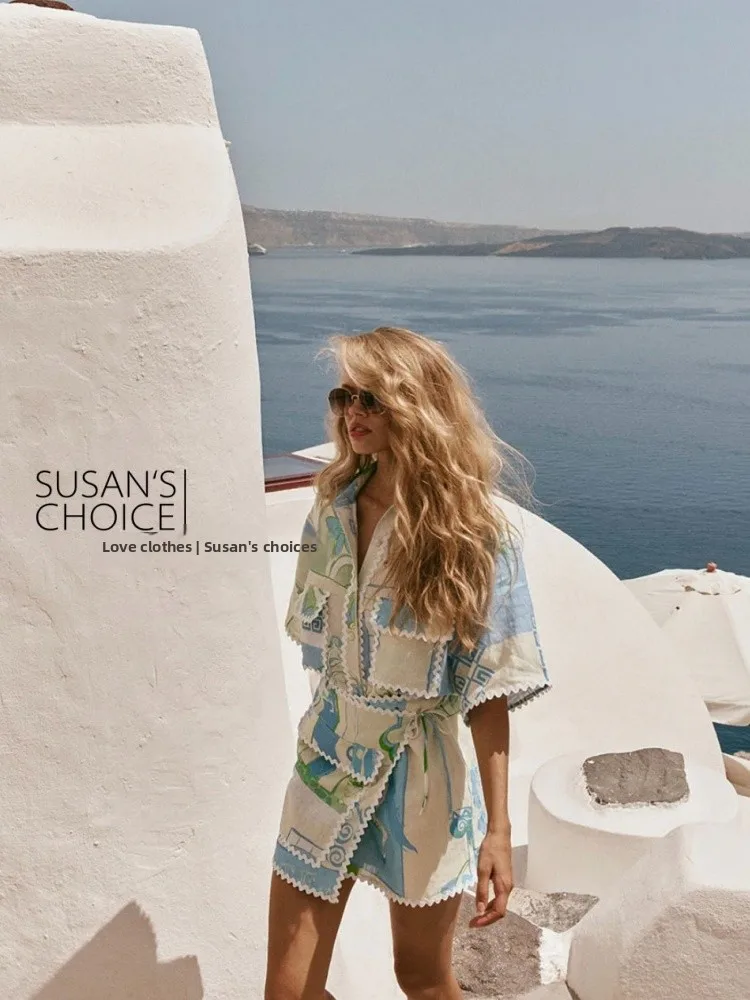 

Susan Australian Casual Style Linen Blue Short Sleeve Shirt And Skirt Set Women's Fashion Spring Collection Two-Piece Suit