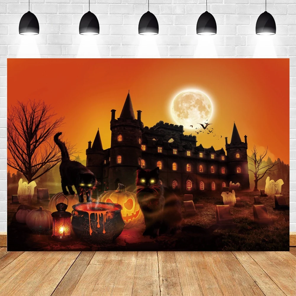 Happy Halloween Photography Backdrop Horror Moon Pumpkin Witch Bat Castle Baby Halloween Party Decor Photo Background Props