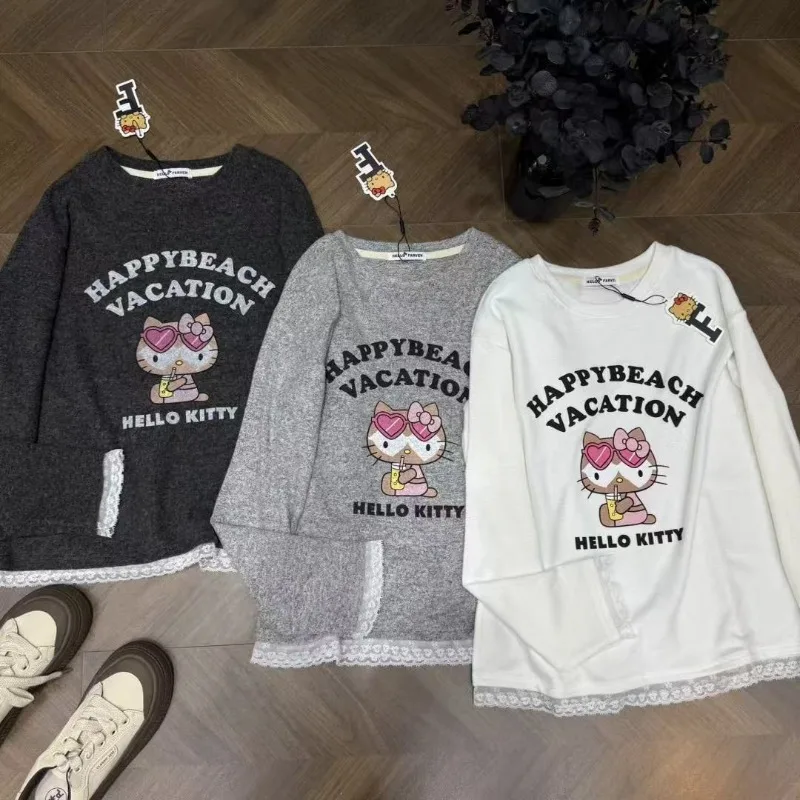 

Hello Kitty Women'S Printed Tops Sweet Lace Trim T-Shirt Y2k Women Clothing Fashionable Versatile Thin Fleece Base Layer