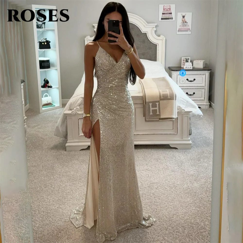 

ROSES Elegant White Prom Dress V-Neck Spaghetti Strap Evening Dress Trumpet Wrap Hips Satin Party Dress Side Split فستان سهرة