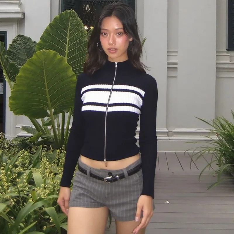 Hohe Qualität Heißer Verkauf Großhandel Herbst und Winter Neue Mode Kontrast Zipper Strickjacke Top Slim Fit Langarm Pullover