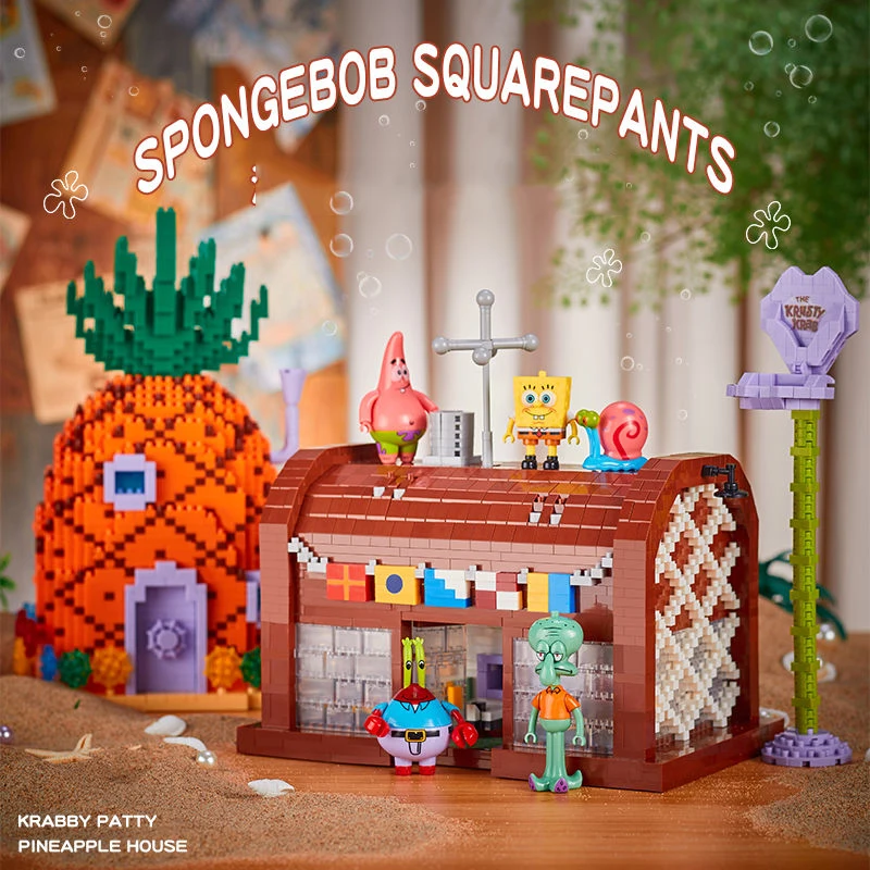 SpongeBob SquarePants Series Building Blocks Krusty Krab Pineapple House Resurrection Island Portrait House Model Bricks Kid Toy