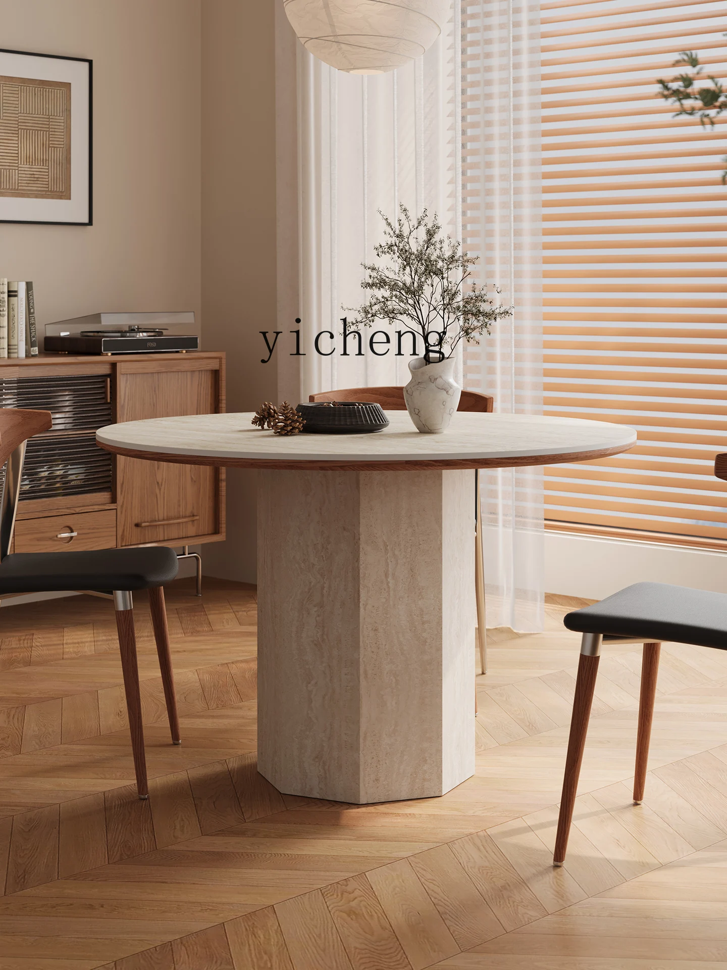 LSL طاولة مستديرة خمر لوحة حجر الترافرتين غرفة المعيشة طاولة طعام وكرسي مجموعة للمنزل شقة صغيرة