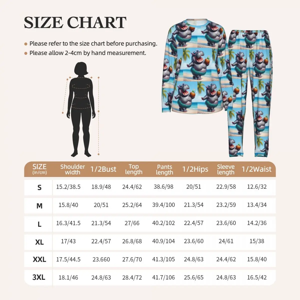 Fun Hippo With Tropical Beach Print Round Neck Long Sleeve Nightgowns for Sleeping Sleepshirts Women Loose Pajama Set Long Pants
