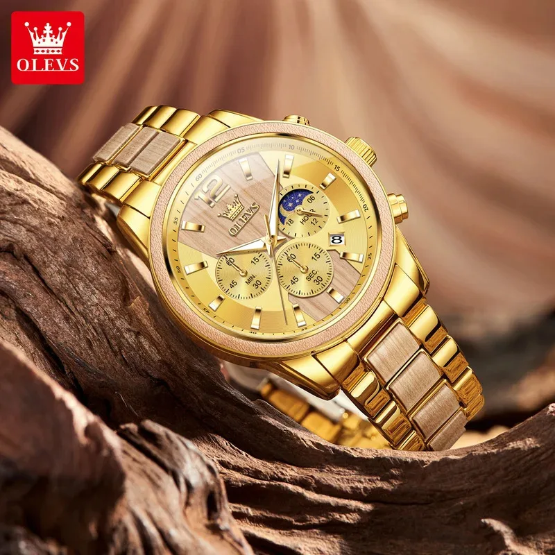ساعة OLEVS 3645 للرجال فريدة من نوعها من الخشب الفولاذي، متعددة الوظائف، ساعة توقيت Moonphase، ساعة كوارتز رياضية فاخرة
