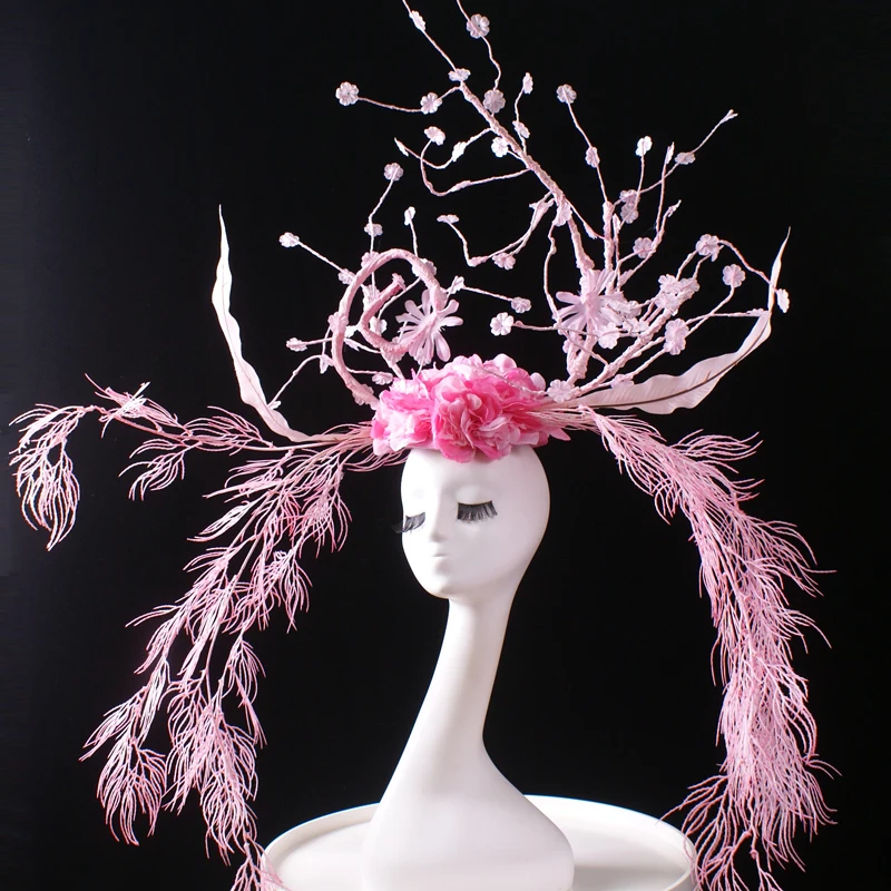 Headgear pink oversized exaggerated branches floral splicing fashion suitable for stage makeup adult model photo accessories 1Pc