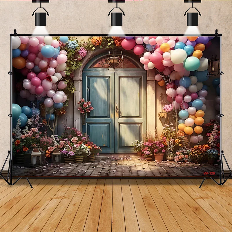 

Vinyl Custom Valentine's Day Photography Backdrops Props Bokeh Rose Wedding Red Heart Door With A Balloon Arch Background AL-26