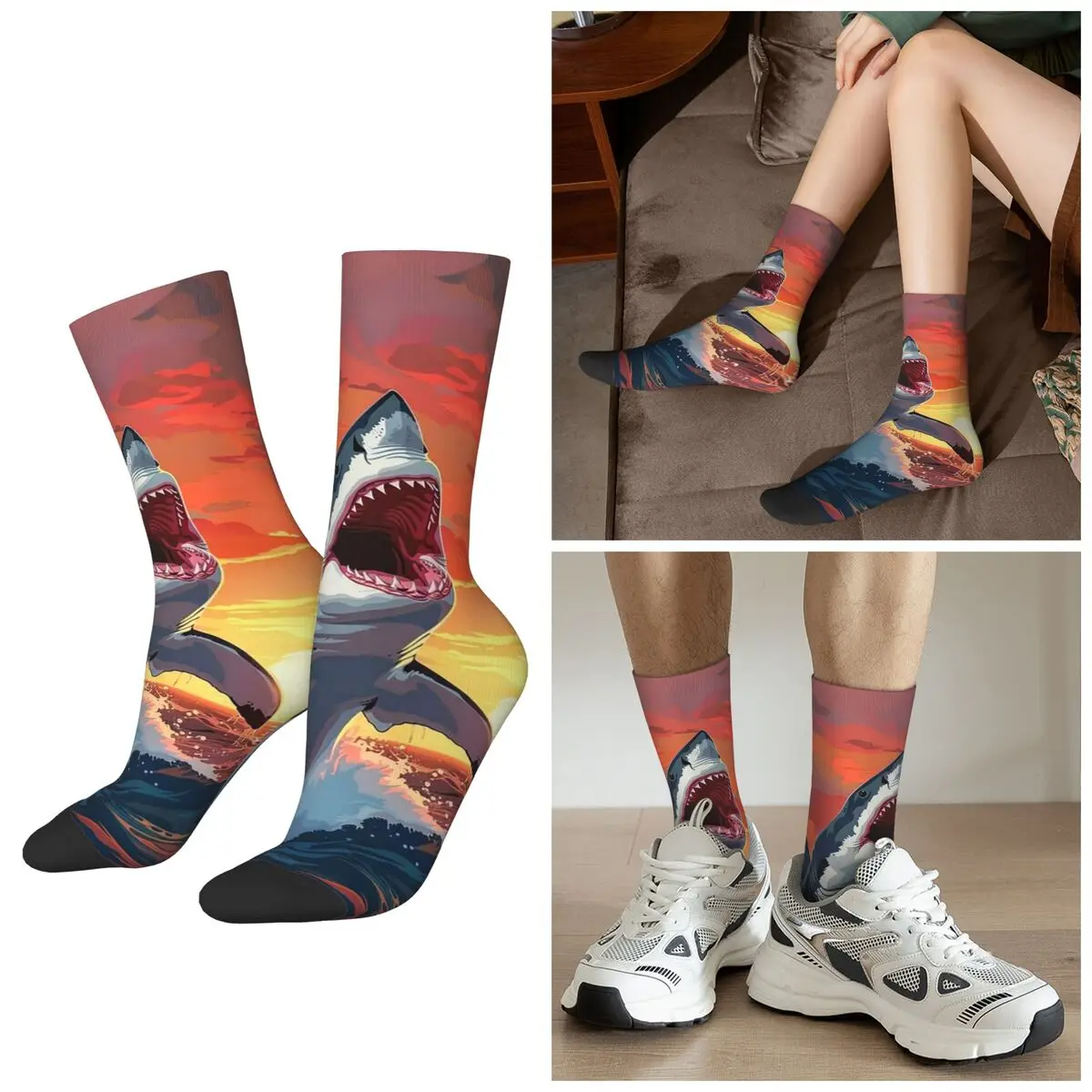 

All Seasons Fierce Shark Print Socks Harajuku Crew Socks High Quality Stockings for Men Women Christmas Gifts