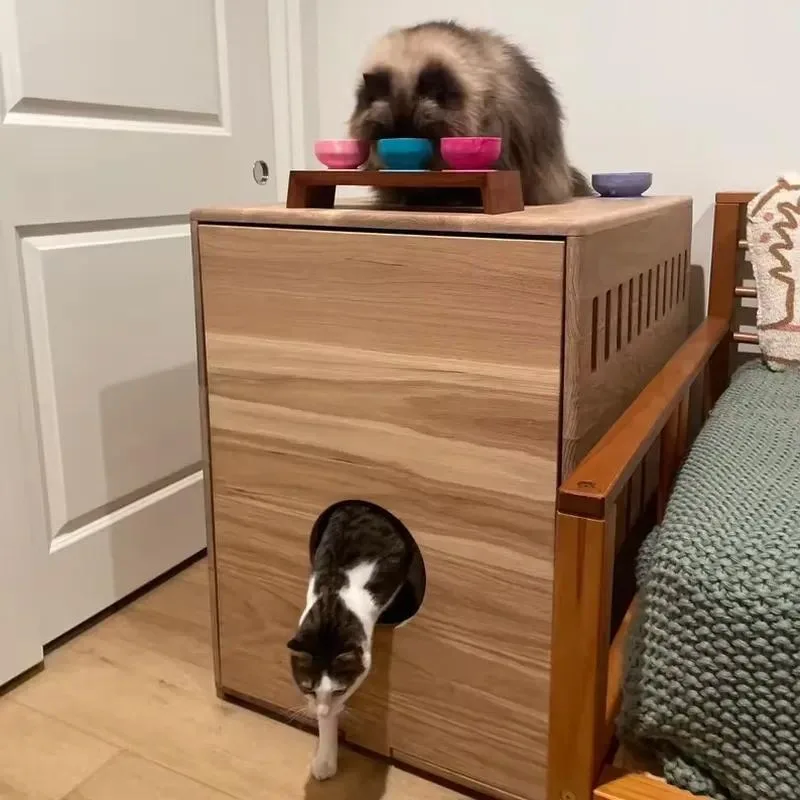 Handmade Modern Wooden Cat Furniture Side Cabinet with Garbage Tray Pet Dining Table Bedside Table for Living Room