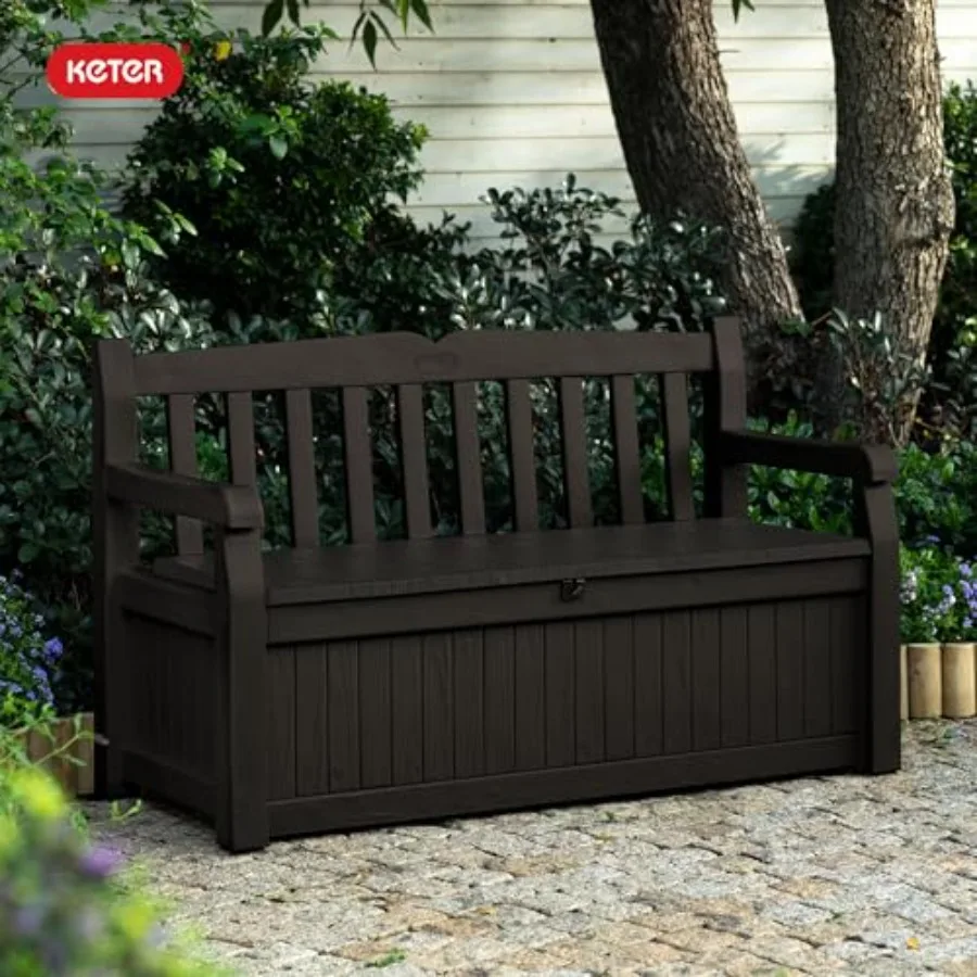 Solana 70 Gallon Storage Bench Deck Box for Patio Furniture, Front Porch Decor and Outdoor Seating Perfect to Store Garden Tool
