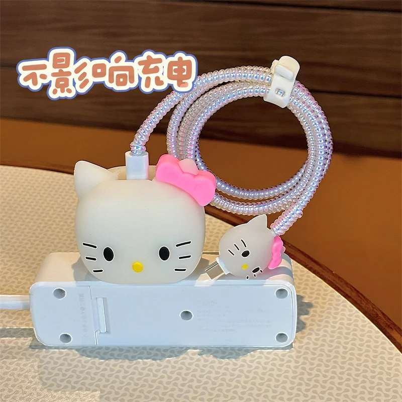 Nova alta qualidade dos desenhos animados sanrio olá kitty carregador cabo de dados caso protetor e kit enrolamento para apple 18w 20w carregador adaptador