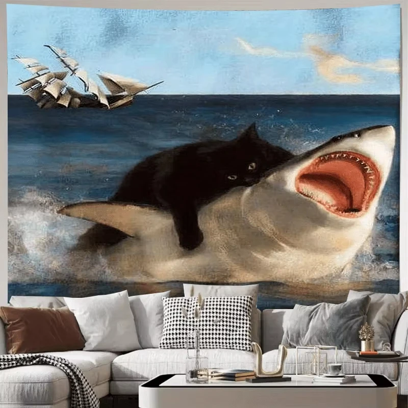 VIKAMA Funny Retro Oil Painting Tapestry Black Cat Riding Shark with Ocean Sailing Ship Wall Hanging for Bedroom Decor