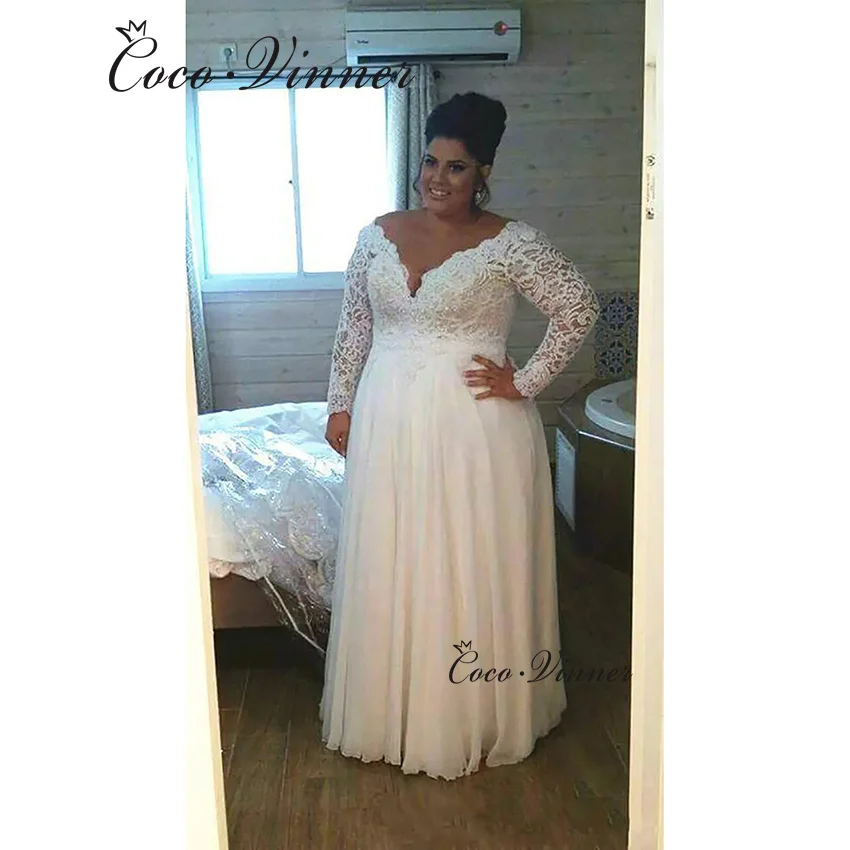 Vestido de novia personalizado con cuello en V y mangas largas de talla grande, vestidos de novia de tul de encaje a la moda de Sudáfrica 2025 para Pregent W1366