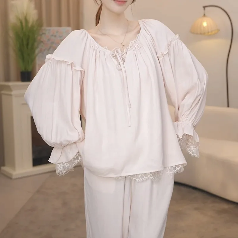 

Women's Korean Pure Cotton Pajamas Simple Loose Long Sleeved Long Pants Loungewear Pure White Autumn Outdoor Home Wear XL Size