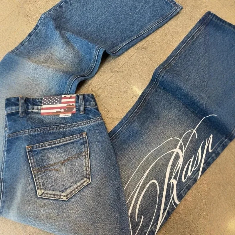 Deeptown Mavi Mektup Grafik Baskı Kot Kadın Harajuku Vintage Yıkanmış Geniş Bacak Düz Kot Pantolon Baggy Hip Hop streetwear