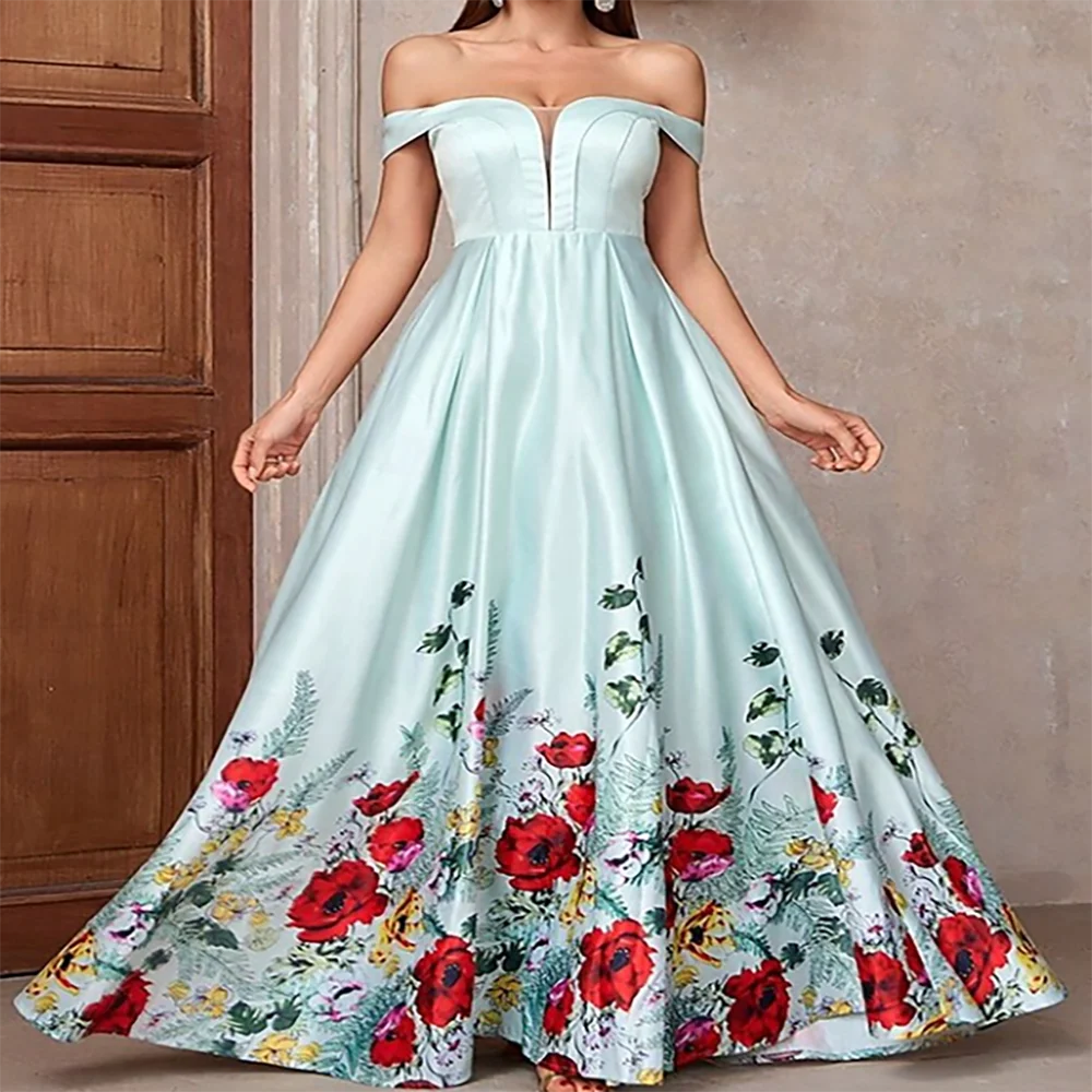 

Classic Satin Off Shoulder Sleevleess Flowers A-Line Formal Evening Dresses Birthday Party Prom Gowns Customized