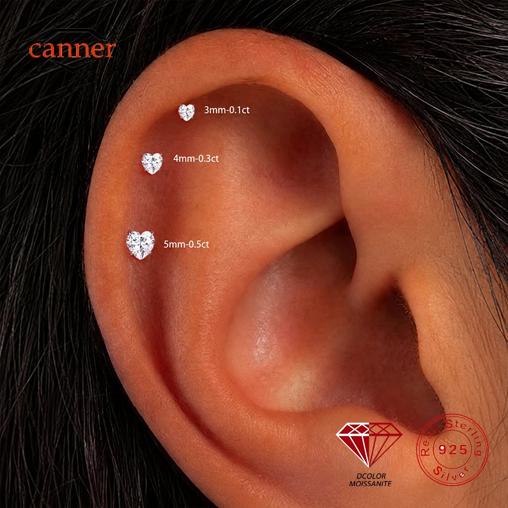 CANNER 1PC 925 Sterling Silver 0.1-0.5CT D Color VVS1 Heart Moissanite Stud Earring For Women Girl Flat Back Piercing Jewelry
