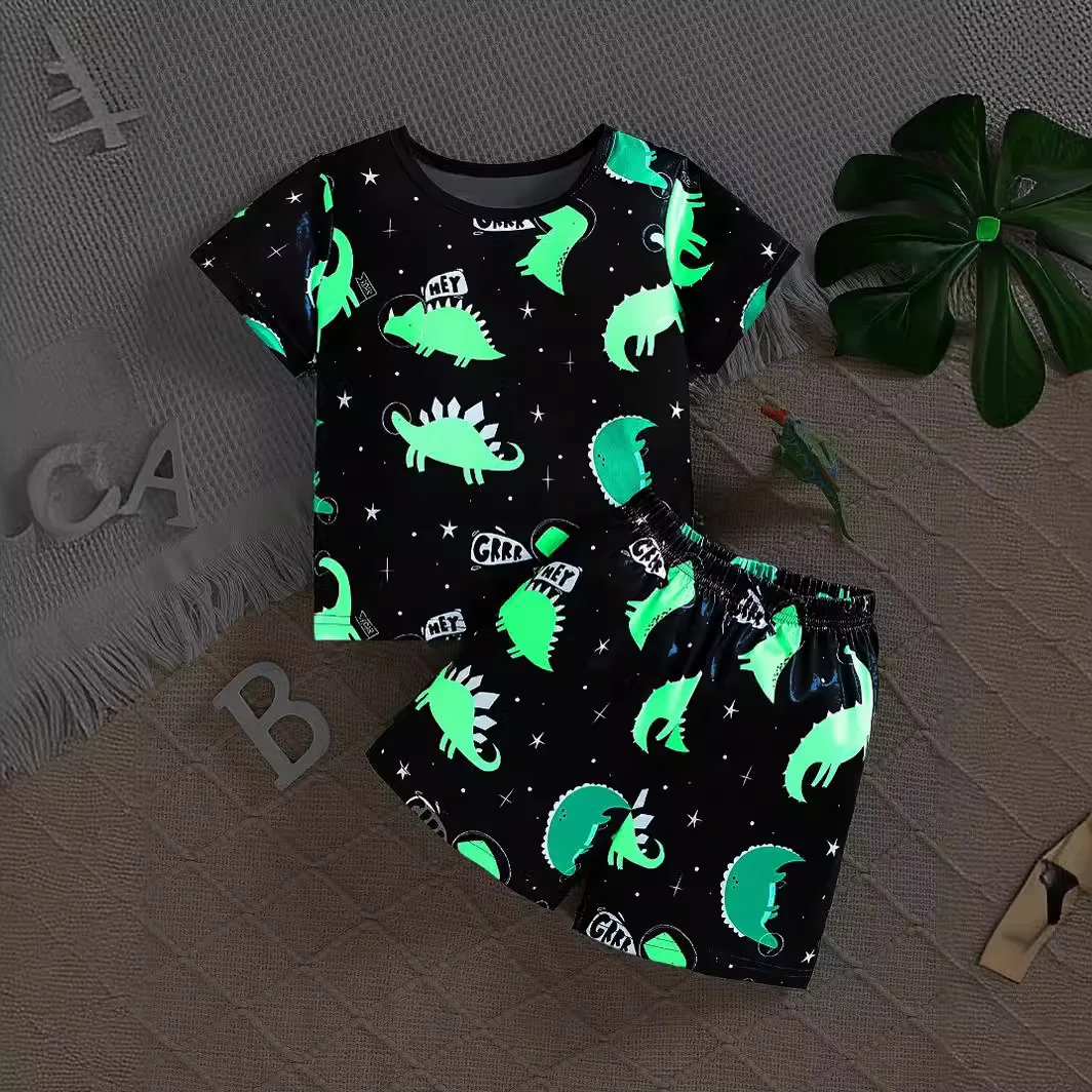 

2024 summer new pajamas for boys and girls glow-in-the-dark cartoon dinosaur T-shirt shorts comfortable casual homewear set