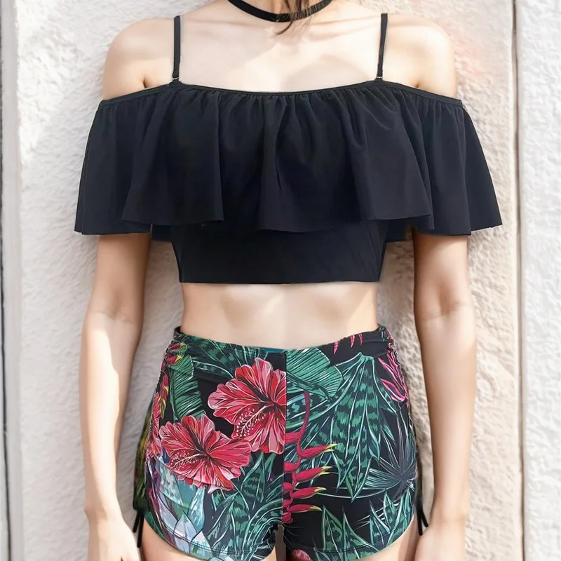 Women's High Waist Bikini Set Conservative Swimwear Tummy Control Tie-Side Bottoms Ruffled Top 2025 Summer Two Piece Shorts Set