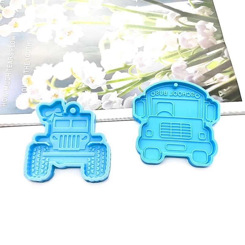 R3MC DIY Cartoon Car School Bus Keychain Silicone Epoxy Mold DIY Ornament Pendant Crafting Mould for Bag Decorations