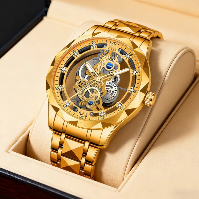 

A men's gold casual vacation-style fashion eye-catching skeleton steel strap quartz watch
