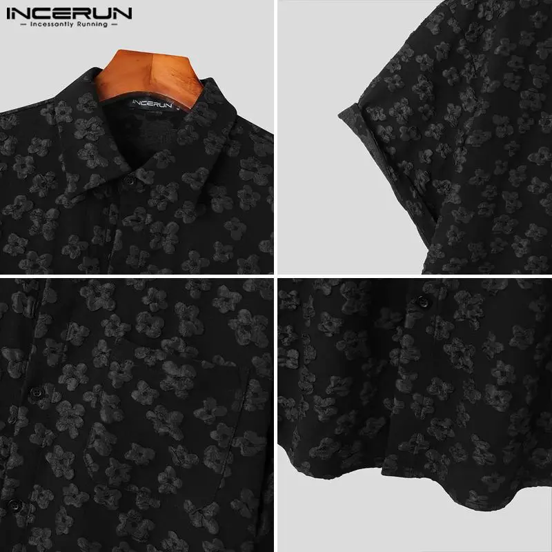 INCERUN Men Shirt Flower Jacquard Loose Korean Style Lapel Short Sleeve Men Clothing Streetwear 2024 Fashion Casual Shirts S-5XL