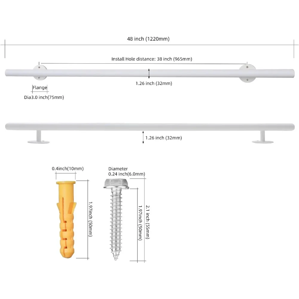 درابزين الدرج المعدني المثبت على الحائط الداخلي، درابزين الدرج الأبيض مقاس 48 بوصة، للاستخدام الخارجي والداخلي، قضبان الإمساك للسلامة #2