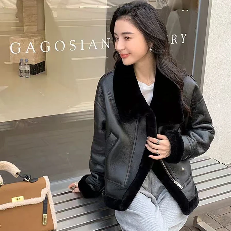 معاطف شتوية من الفرو للسيدات باللون الأسود مع سحاب فضفاض للدراجات النارية معطف صوف ميرينو من الجلد والفرو سترة نسائية من Abrigos Mujer #4