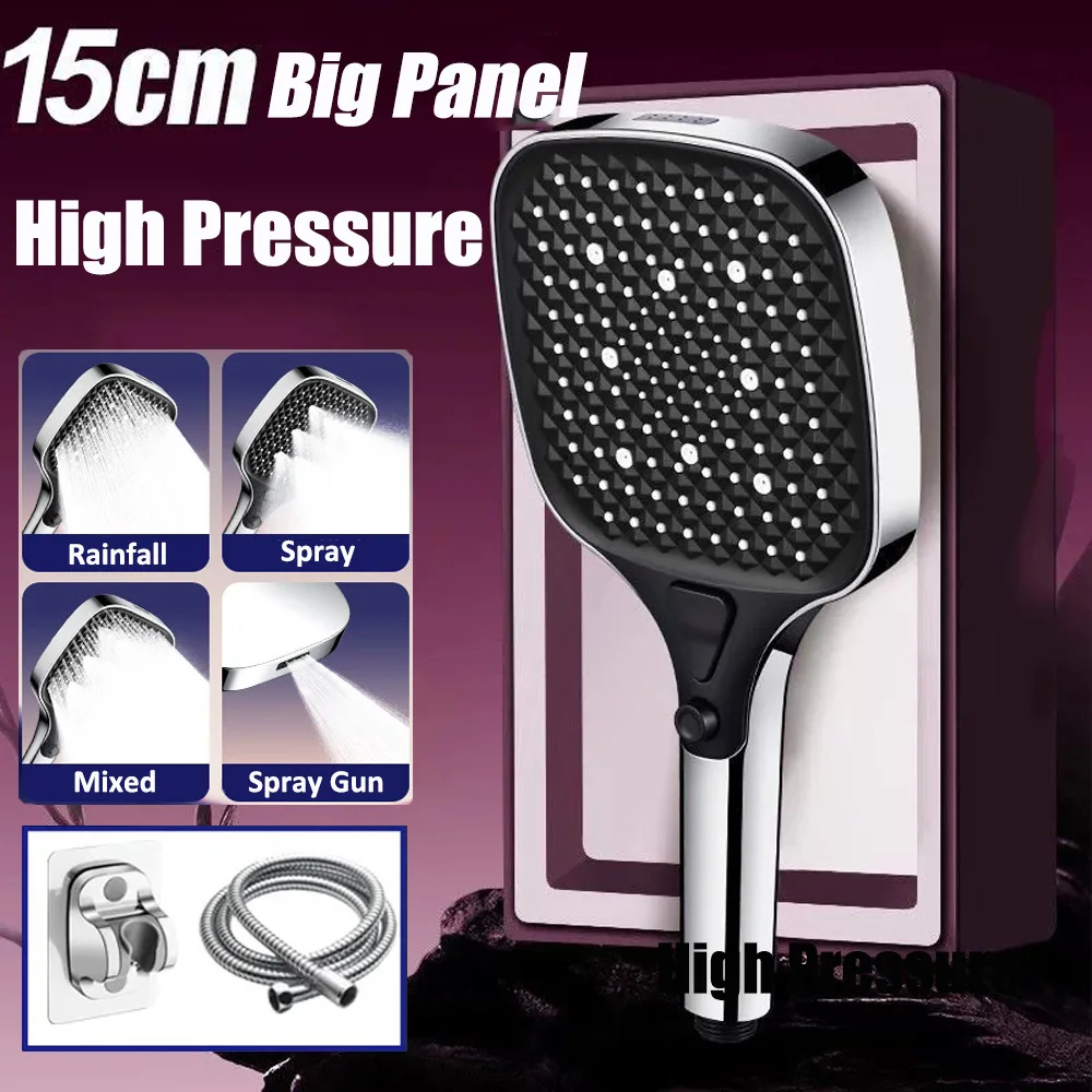 

4 Modes Pressurized Shower Head 15cm Large Panel Bathroom High Pressure Water Saving Rainfall Showerhead Square Shower Nozzle