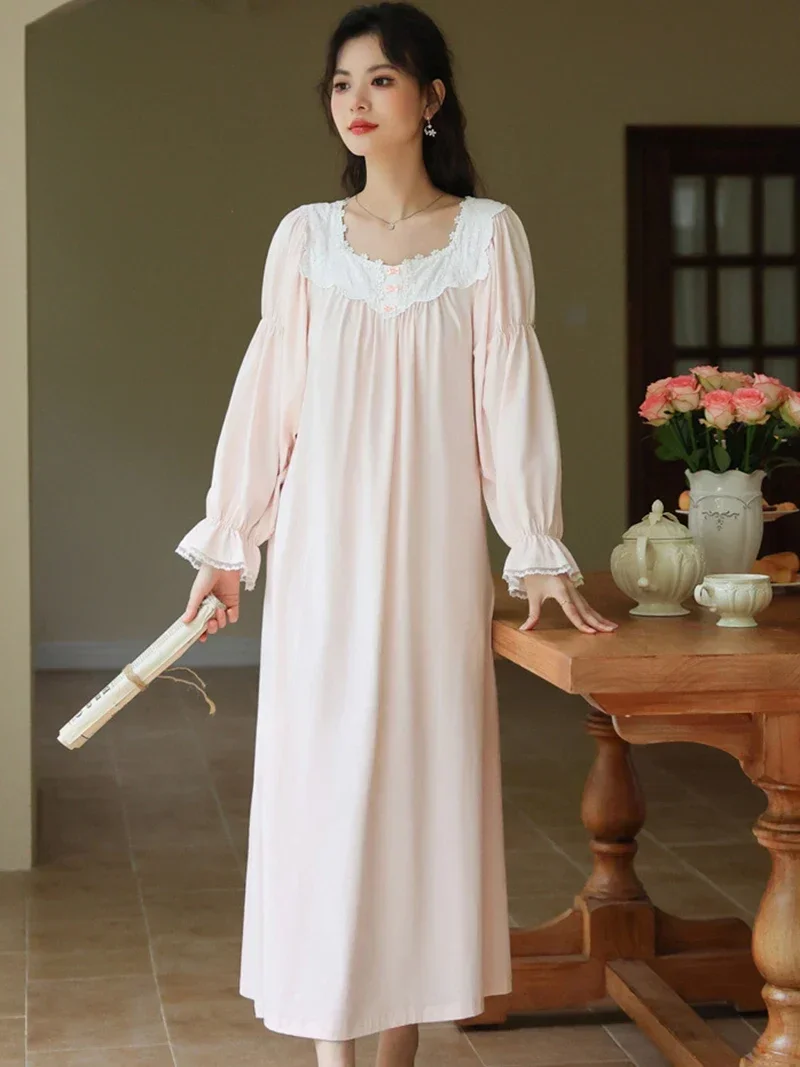 Women Long Sleeve Cotton Nightgown for Spring Sweet Girls Nightwear Sleepwear French Vintage Princess Home Wear Autumn Winter