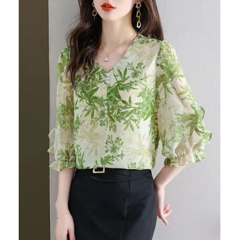 Women\'s Summer Trendy Ruffle Print Elegant Blouse Korean Style V Neck Three Quarter Sleeve Shirt Sweet Chic Chiffon Tops Blusas