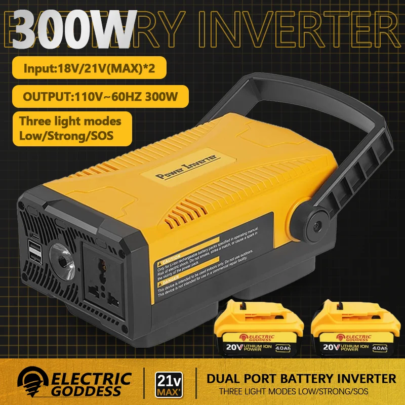 

Electric Goddess 300W Outdoor Portable Inverter Lithium Battery Inverter High Power 110V Power Adapter For Dewalt 20V Battery