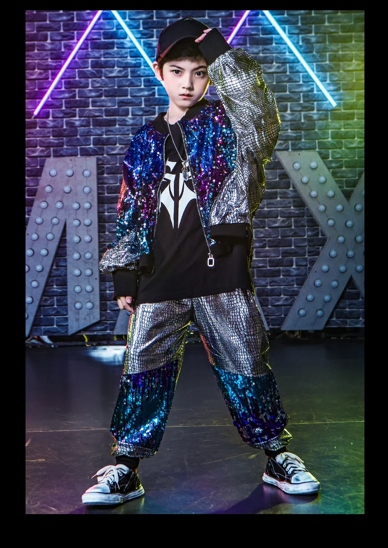 Children\'s Performance Clothing Suit Drum Set Boys Sequins Silver Walkout Hip-Hop Street Dance Girls Clothes Fashion Suit