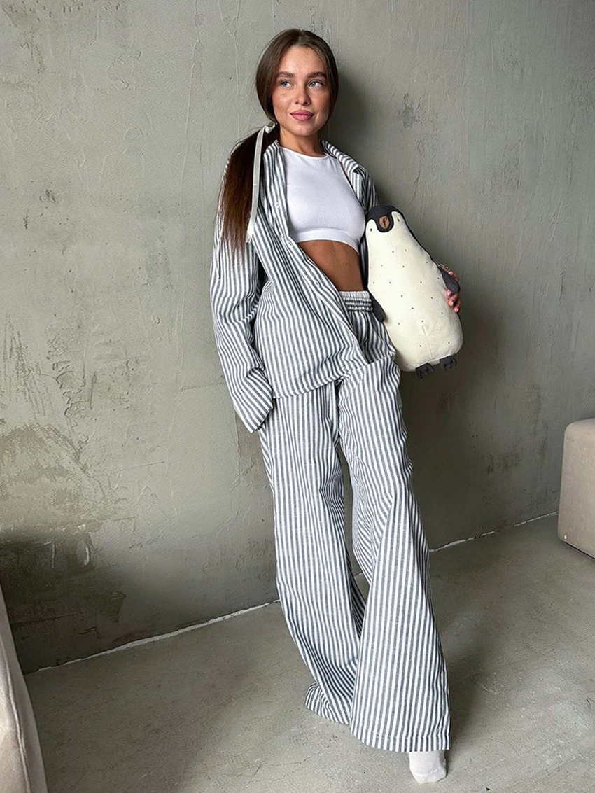 Marthaqiqi Striped Female Sleepwear Suit Long Sleeve Nightwear Sexy Turn-Down Collar Pajamas Wide Leg Pants Loose Nightgowns Set