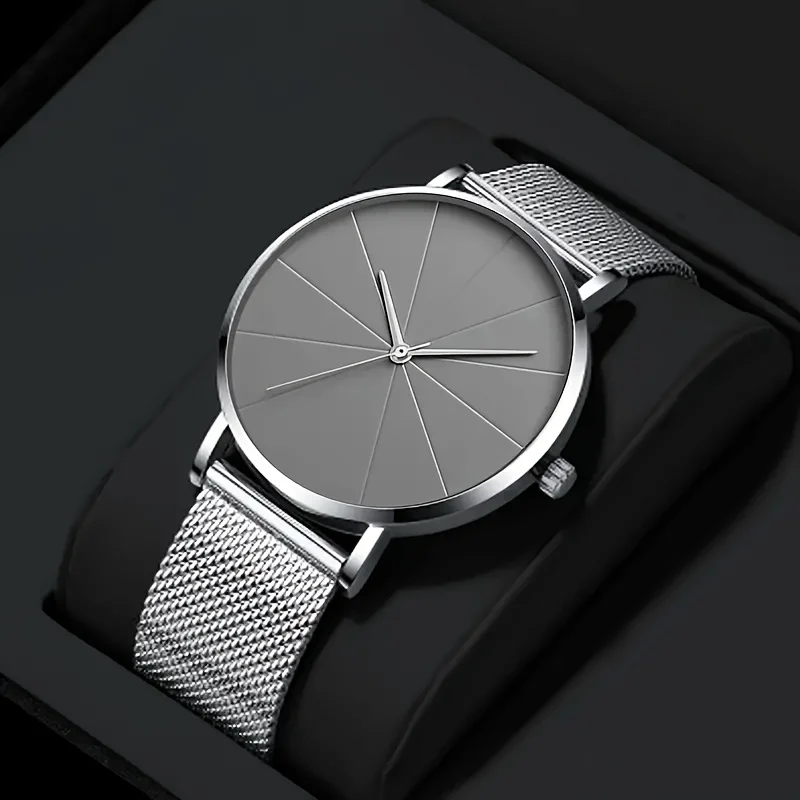 Orologio al quarzo da uomo d'affari e tempo libero da 2 pezzi/set, orologio e bracciale in maglia di acciaio inossidabile, regalo per la festa del papà