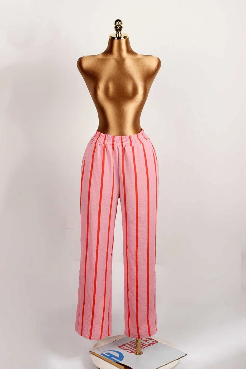 스타일리쉬 레이디 스트라이프 프린트 팬츠 2025 여름 여성 밴딩 허리 캐주얼 루즈 스트릿 핑크 와이드 레그 팬츠